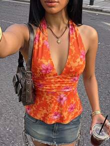 SHEIN ICON Y2K風格夏季女款性感度假海灘穿搭碎花細肩帶綁帶休閒百搭日常穿著上衣 - 橘色 - 查看 3