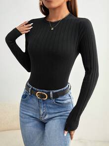 Siren Gaze Solid Ribbed Knit Bodysuit Elegant Black Summer Black - Black - View 4