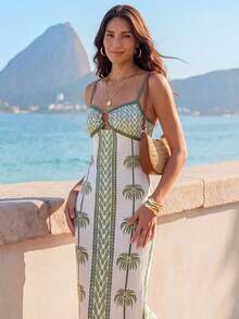 CAJUNI Women's Coconut Tree Print Casual Tropical Vacation Travel Spaghetti Strap Dress Vacation Beach Green Summer - Green - View 7