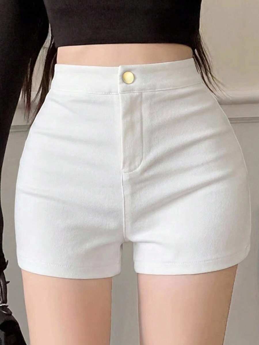DAZY 女款高腰鈕扣休閒日常短褲 - 黑色 - 查看 1
