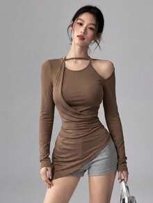 DAZY Women's Solid Color Asymmetric Cutout Design Long Sleeve Sports T-Shirt Night Rave Coffee Brown Autumn Sexy,Korean Style Party Wedding Guest - Brown - View 11
