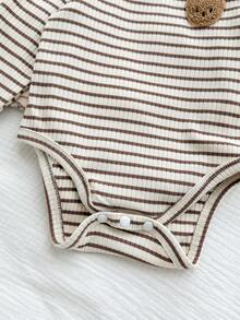 Set Bodysuit Serbaguna Gaya Korea Musim Gugur/Dingin untuk Bayi Baru Lahir: Bodysuit Lengan Panjang Bordir Beruang dengan Motif Beruang Bergaris di Seluruh Bagian untuk Bayi Baru Lahir. - MultiWarna - View 5