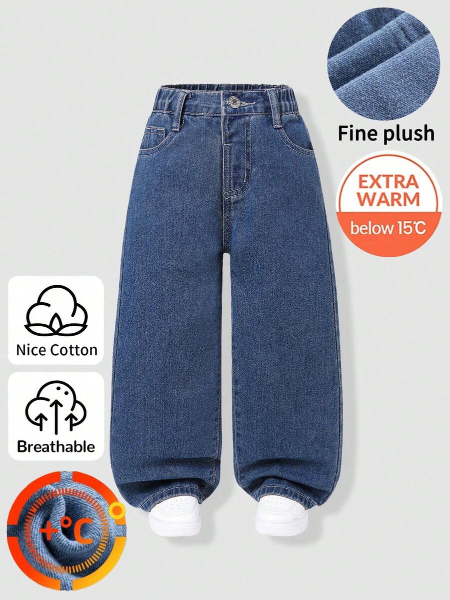 SHEIN 少女牛仔寬腿褲,深藍色水洗牛仔,厚實面料內加絨,基礎休閒極簡學院風,開學穿搭推薦,彈性腰頭舒適穿著,鈕扣門襟方便穿脫,寬鬆版型舒適,適合外出、購物、與朋友休閒聚會,秋冬百搭單品 - 深色水洗藍 - 查看 1