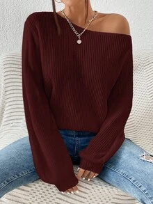 SHEIN Essnce 大码女装秋季女装新款时尚休闲通勤拉绒面料休闲纯色藏青色宽松多穿（单肩、斜肩、正肩）针织毛衣，毛衣套头露肩上衣，露肩长袖，秋季女式毛衣， - 紅色 - 查看 6