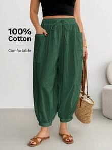Shapeblank Pantalones largos de talla grande para mujer, unicolor, cintura con cordón, casual, versátil, para uso diario - Verde Oscuro - Ver 5
