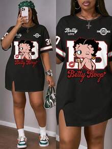 Slaydiva Betty Boop x SHEIN Plus Size Women Letter Print Round Neck Short Sleeve Casual Dress - Multicolor - View 7