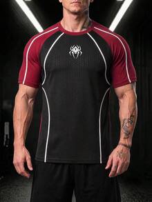 GymBeat Men's Spider Stripe Pattern Print Contrast Color Crew Neck Sports T-Shirt Gym Workout Black And White Summer Sporty Athleisure,Halloween - Multicolor - View 4