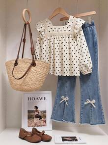 SHEIN 2pcs/Set Blus Lengan Panjang Kerah Persegi Motif Polkadot Berenda + Celana Panjang Jeans Model Flare dengan Hiasan Pita untuk Anak Perempuan, Musim Gugur - Aprikot - View 3