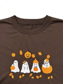 INAWLY Women's Thanksgiving Ghost Pumpkin Embroidered T-Shirt Festive Everyday Dark Brown Summer Casual Cute - Multicolor - View 4