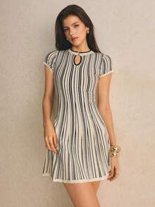 Poéselle WWomen Fall Black Knit Sweater Dress, Keyhole Neck Short Sleeve Mini Dress,Autumn Outfit For Women Brunch French Elegant - Black and White - View 5