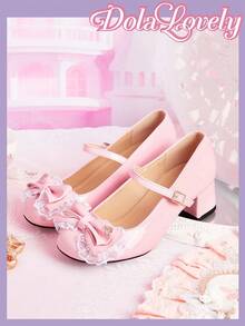 Dola Lovely Scarpe da donna, rosa, Mary Jane, con fiocco e decorazioni in pizzo, scarpe Lolita stile dolce giapponese JK, con tacco spesso e alto. - Rosa Baby - Visualizzare 1