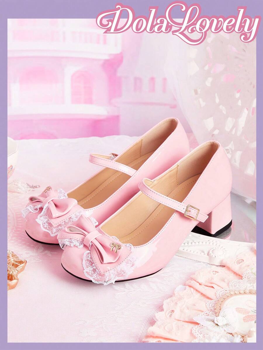 Dola Lovely Scarpe da donna, rosa, Mary Jane, con fiocco e decorazioni in pizzo, scarpe Lolita stile dolce giapponese JK, con tacco spesso e alto. - Rosa Baby - Visualizzare 1