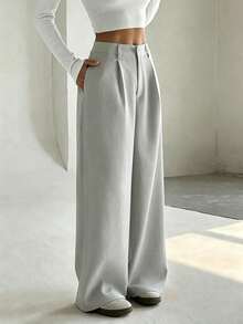 Flirla Women's Premium Elegant Slimming Casual Wide Leg Long Pants - Grey - View 3