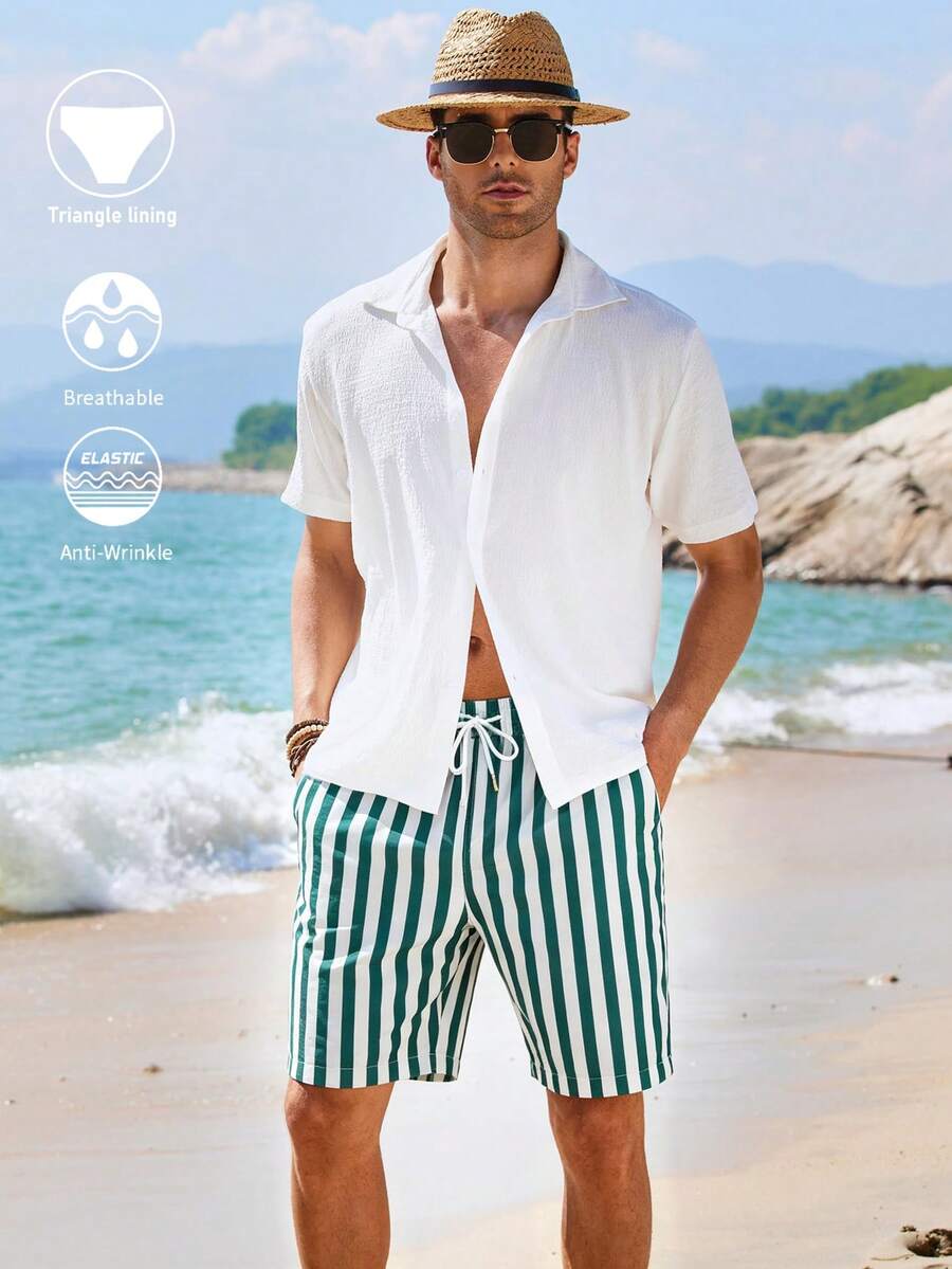 Manfinity Swimmode 男士抽繩腰條紋休閒沙灘短褲 - 白色 - 查看 1