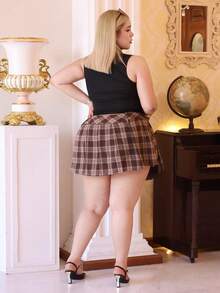 CHERRY TINTT SELECTION Plus Size Brown Checkered Apocalypse Music Festival Mini Skirt Plaid Skirt,Back To School - Brown - View 2