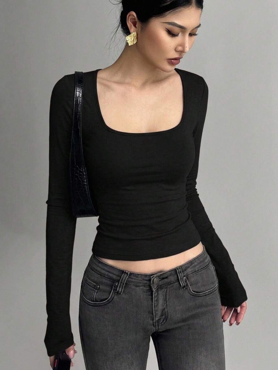 DAZY Women's Solid Color Ruched Slim Fit Versatile Daily Casual Long Sleeve T-Shirt - Black - View 1