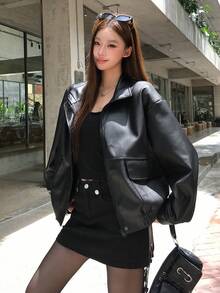 DAZY Women's Regular Fit Black PU Leather Jacket With Stand Collar, Long Sleeves, Zipper Front, Loose Fit And Pocket Decor Cute Tops - Black - View 6