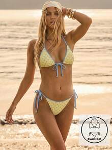 Aralina Summer Resort Vacation Beach Floral Print Tie Front Triangle And Tie Side Bikini Two Pieces Set With Swim Bag - Yellow - View 6