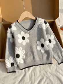 SHEIN Baby Girl Autumn/Winter Fashion Cute Floral Pattern Plush Soft Skin-Friendly Knit Sweater Pullover With Hand-Crafted Cuffs And Collar, Elegant Versatile Style - Light Grey - View 1