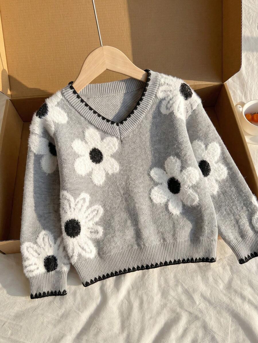 SHEIN Baby Girl Autumn/Winter Fashion Cute Floral Pattern Plush Soft Skin-Friendly Knit Sweater Pullover With Hand-Crafted Cuffs And Collar, Elegant Versatile Style - Light Grey - View 1