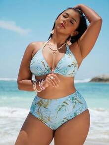 SHEIN Swim Curve 大尺碼藍黃印花比基尼罩衫 3 件套 海灘度假 夏季 性感 熱帶 優雅 希臘女神風 派對 - 彩色 - 查看 5