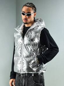 ROMWE MEN Street Life Men's Winter Stand Collar Zip-Up Vest Jacket - Silver - View 7