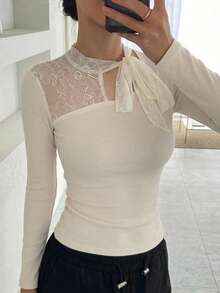 DAZY Top de capa base de punto con cuello semi alto y cinta de encaje para mujer - Albaricoque - Ver 3