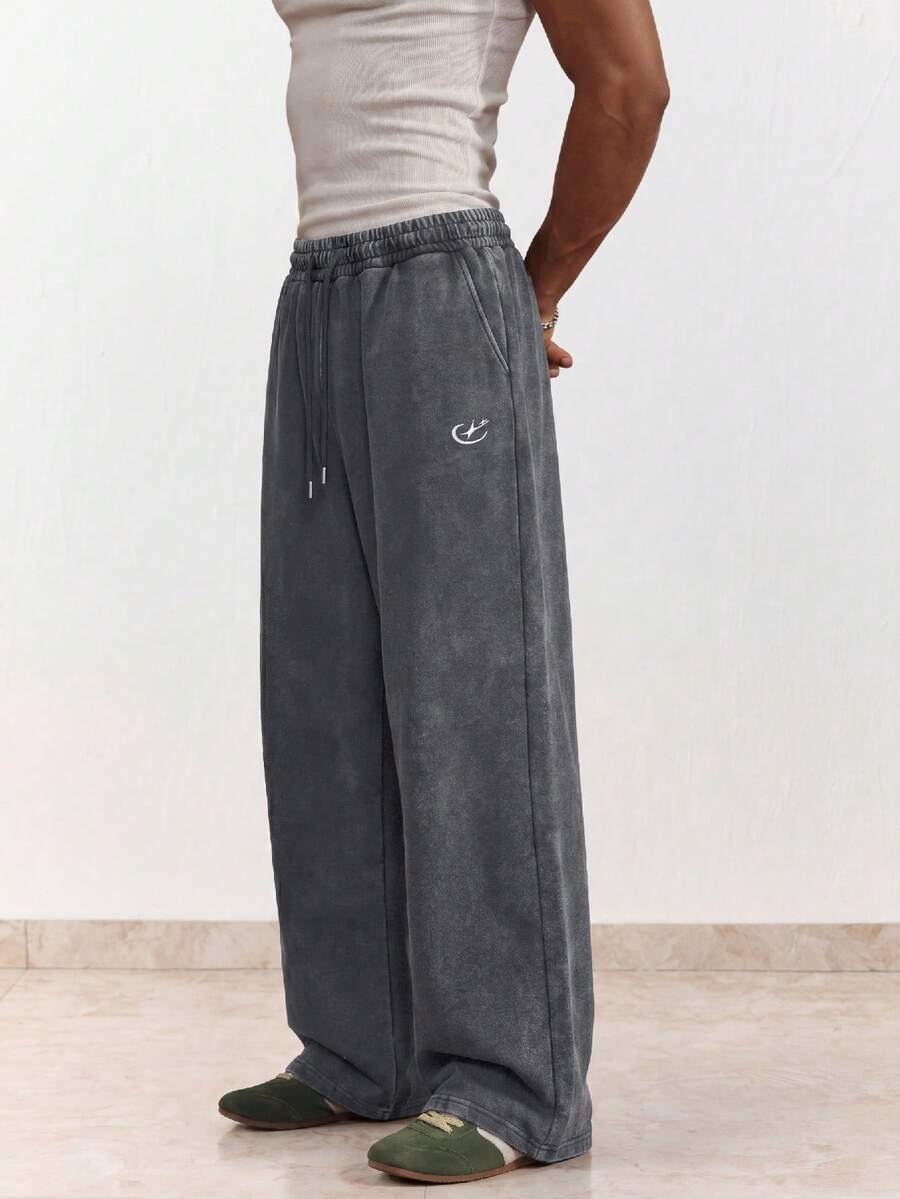 SWAVVY Men's Casual Loose Long Pants, Spring/Summer/Autumn, Standard Size, Embroidered, Black Acid Wash - Light Grey - View 1