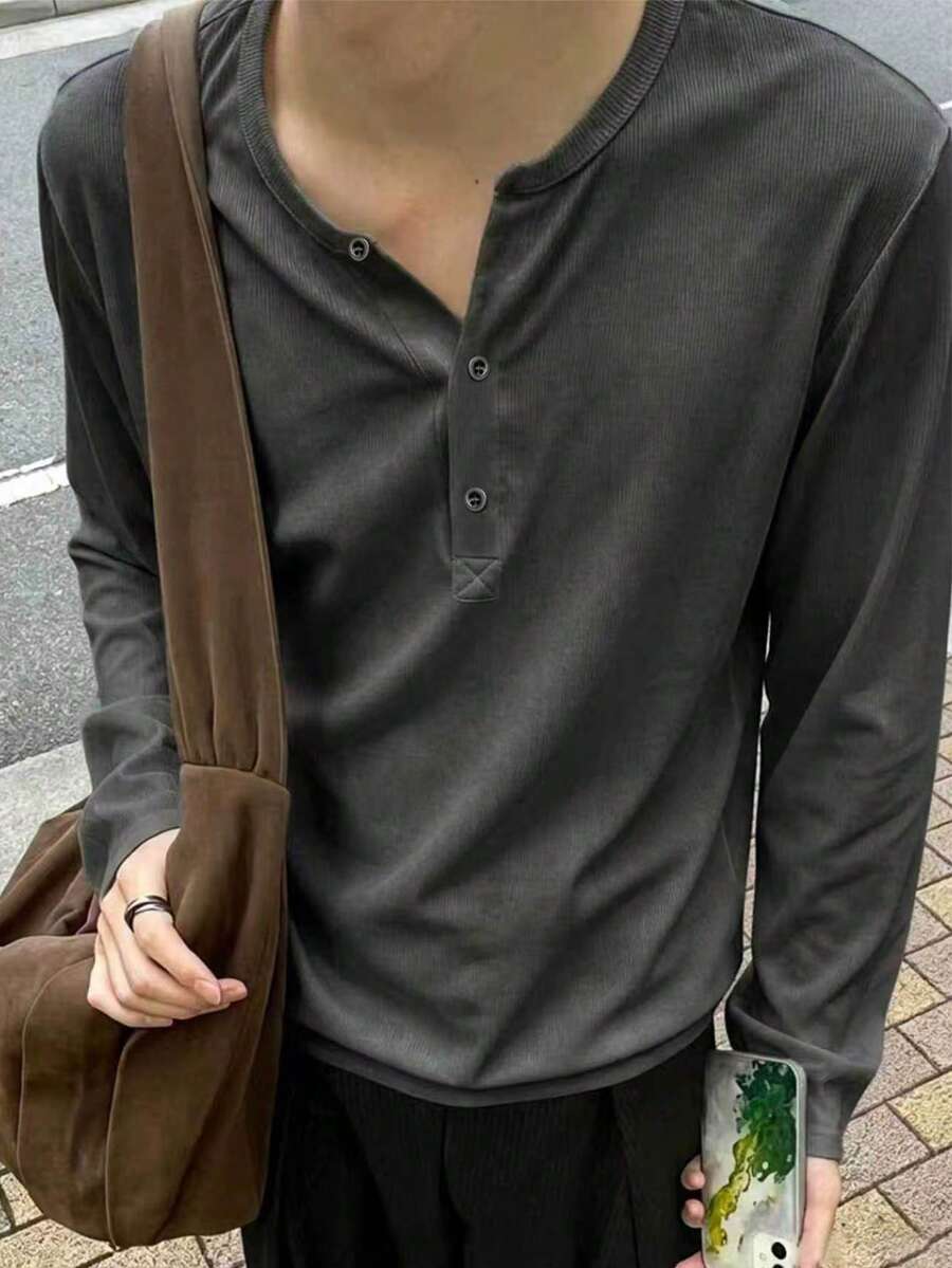 Resyla Men 男士純色休閒百搭日常穿著長袖T恤 - 白色 - 查看 1
