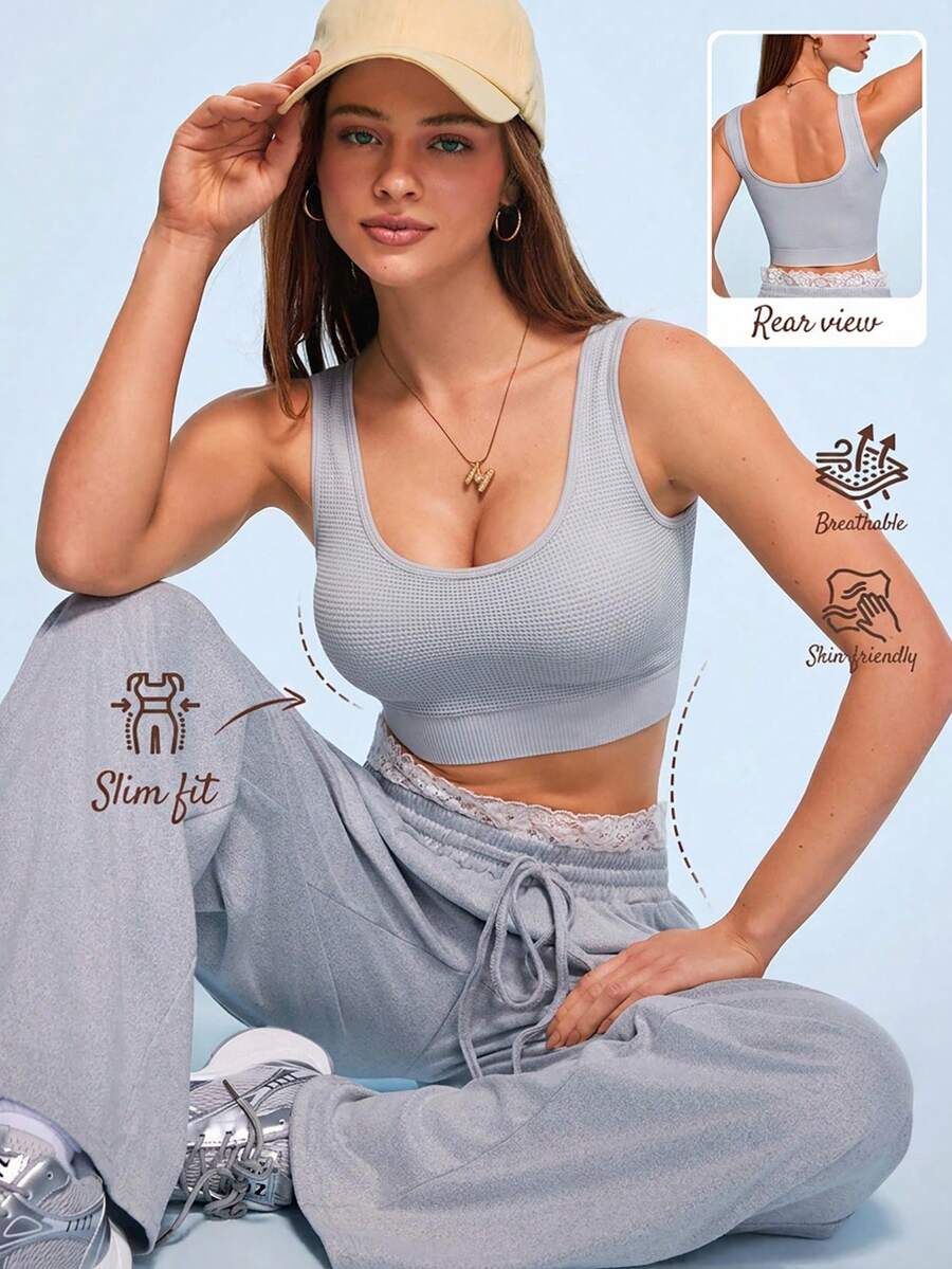 Sovereign Charm Women's Fashion Waffle Knit Sports Bra - Light Grey - View 1