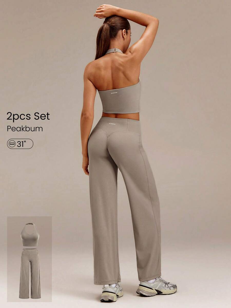 GLOWMODE Set FeatherFit™ Sculpt & Support dengan Bra Olahraga Model Halter dengan Tali Bahu yang Dapat Diatur & Legging Pembentuk Bokong dengan Karet Pinggang Corehold untuk Latihan di Gym - Khaki - View 1