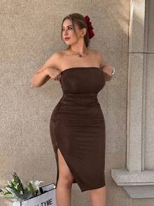 GalTyme Coffee Brown Plus Size Ruched Sexy Side Slit Bandeau Dress - Coffee Brown - View 3