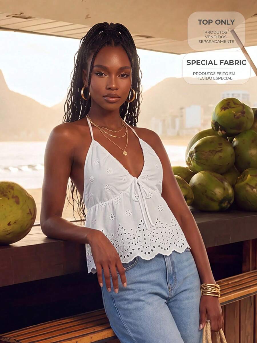 CAJUNI Women's Sexy Vacation Embroidered Hollow Pleated Halter Neck Tie Top - White - View 1