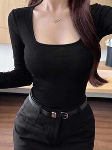 DAZY Women's Solid Color Ruched Slim Fit Versatile Daily Casual Long Sleeve T-Shirt - Black - View 2