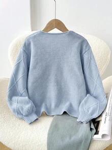 SHEIN 少女寬鬆休閒極簡舒適圓領長袖蝴蝶結波點開襟衫返校穿搭 - 藍色 - 查看 2