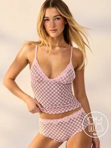 Aralina Women 2pcs Printed Plaid Check Mesh Cute Cami Tank And Shortie With Lace Trim Two Pieces Set - Pink - View 2