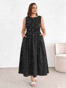SHEIN Essnce 大尺碼女款春夏時尚休閒優雅舒適日常百搭顯瘦棕色波點收腰中長洋裝，附口袋，復古波點洋裝，午餐洋裝，外出穿搭 - 黑色 - 查看 3