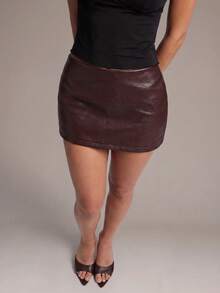 SHEIN PETITE Women's Fashionable Sexy Solid Color Mini Skirt, Suitable For Commuting ,Petite Women - Coffee Brown - View 2