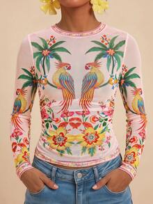 Travachic Women's Coconut Tree & Bird Print Pleated Slim Fit Long Sleeve Top For Daily Wear - Multicolor - View 3