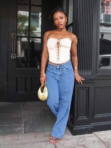 Steph T Suede Lace-Up Cropped Top,Silver Sequin,Summer,Western,Music Festival Boho Style Corset Top,Wrap Top Suitable For Holiday,Date,Beach,Vacation Fall - Apricot - View 1