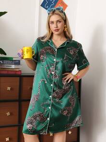 Chillnights Young Casual Colorblock Leopard Leaf Moon Print Collared Button Satin Plus Size Nightgown - Green - View 5