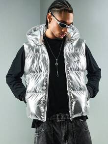 ROMWE MEN Street Life Men's Winter Stand Collar Zip-Up Vest Jacket - Silver - View 1