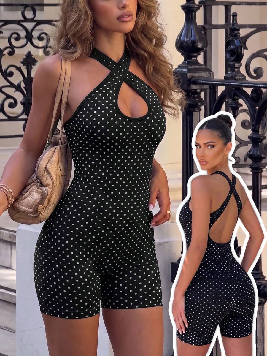 SHEIN Sports Criss-Cross Polka Dot Sports Jumpsuit - Black - View 1
