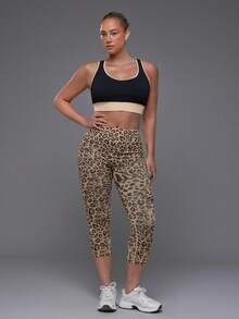Voyena Women's Plus Size Leopard Print High Waist Casual Fitness Sports Capris - Coffee Brown - View 3