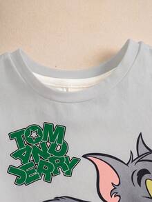 TOM & JERRY X SHEIN 男嬰字母卡通印花短袖T恤與短褲休閒日常套裝 - 綠色 - 查看 4