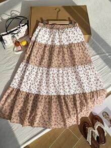 Comfortcana Plus Size Women's Ditsy Floral Waist Tie Ruffle Hem Skirt For Vacation - Khaki - View 1