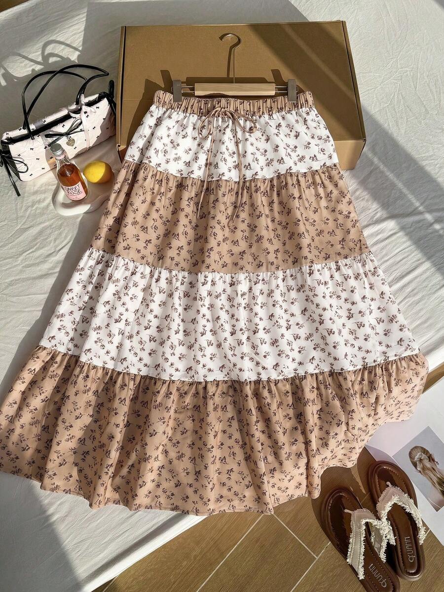 Comfortcana Plus Size Women's Ditsy Floral Waist Tie Ruffle Hem Skirt For Vacation - Khaki - View 1