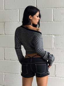 StreetHx Streetwea Women's Autumn/Winter Colorblock Vintage Striped Square Neck Slim Fit Flattering Lazy Sweater Top - Multicolor - View 3