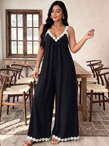 EMERY ROSE Plus Size Summer Fashion Lace V-Neck Loose Cool Jumpsuit Vacation Style Casual Jumpsuit - Black - View 5