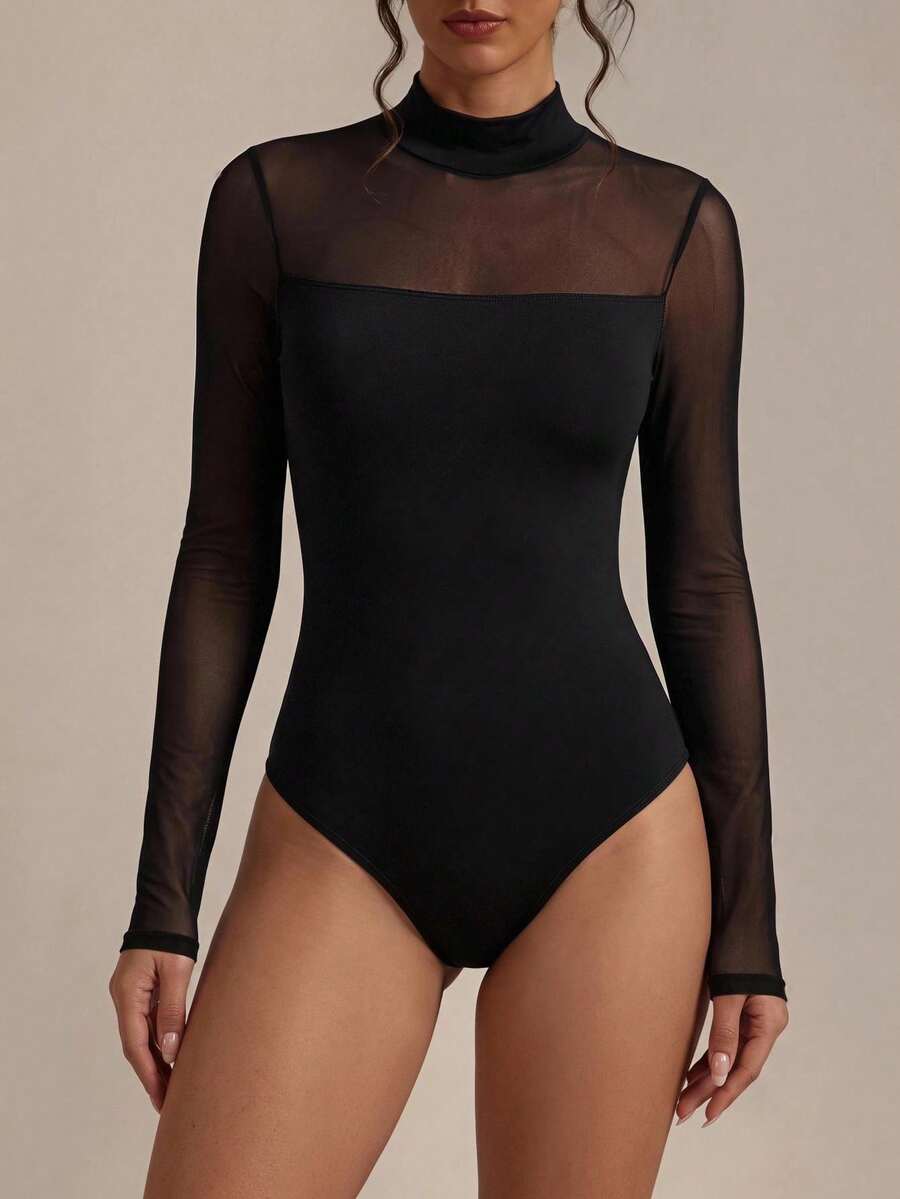 SHEIN BASICS 女款性感優雅網紗拼接長袖連身衣,適合日常穿著、夜晚外出、夜店、老錢風基礎款、返校季、萬聖節、夏季,黑色 - 黑色 - 查看 1